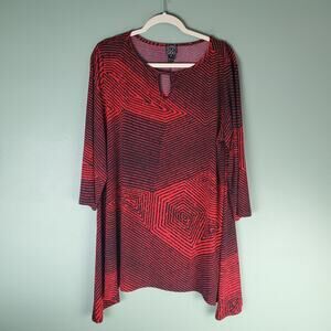 Clara Sun Woo Womens Black Red Striped Asymmetric Tunic Blouse Top Size 2X